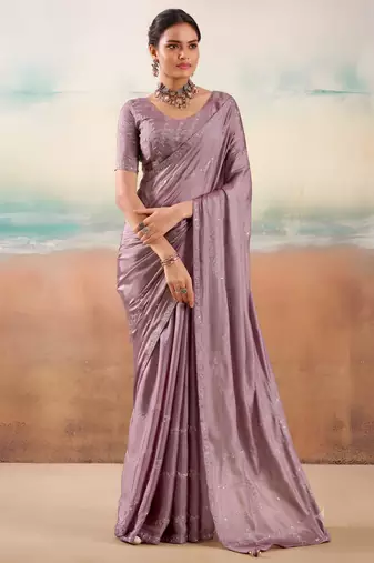 Lavender color smart floral embroidered chiffon fabric graceful rich looks saree