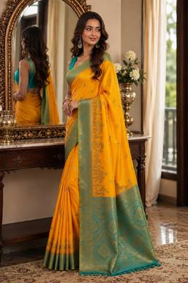 Yellow soft silk blend banarasi jacuard work festive saree with unstitched blouse piece 4
