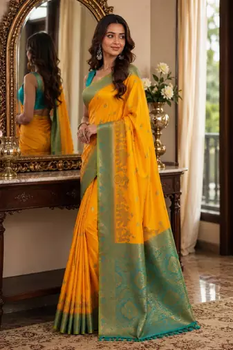 Yellow soft silk blend banarasi jacuard work festive saree with unstitched blouse piece