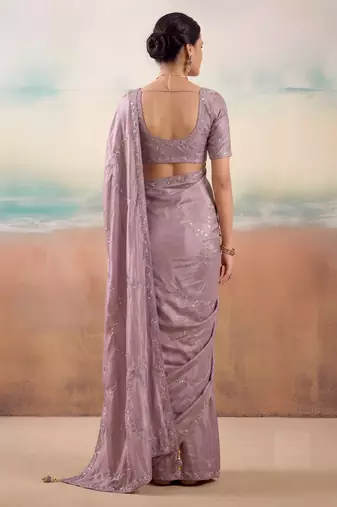 Lavender color smart floral embroidered chiffon fabric graceful rich looks saree