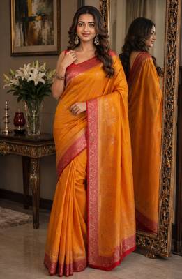Orange soft silk blend banarasi jacuard work festive saree with unstitched blouse piece 1
