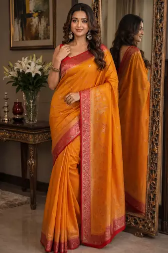 Orange soft silk blend banarasi jacuard work festive saree with unstitched blouse piece
