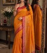 Orange soft silk blend banarasi jacuard work festive saree with unstitched blouse piece