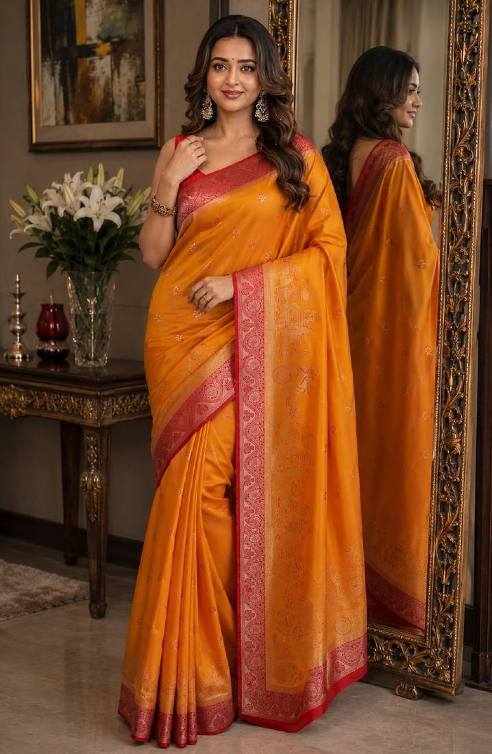 Orange soft silk blend banarasi jacuard work festive saree with unstitched blouse piece