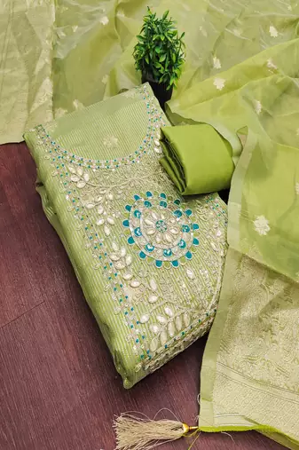  embroidered shimmer unstitched dress material with mirror work yoke