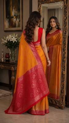 Orange soft silk blend banarasi jacuard work festive saree with unstitched blouse piece 3