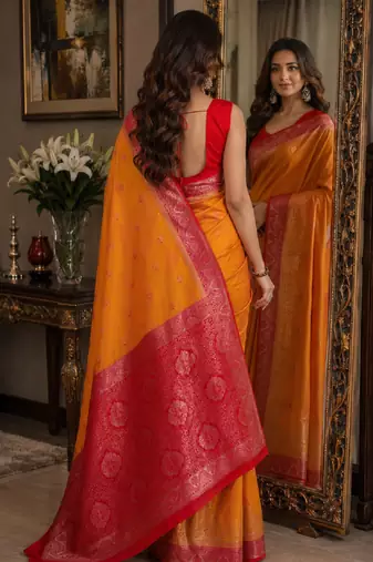Orange soft silk blend banarasi jacuard work festive saree with unstitched blouse piece