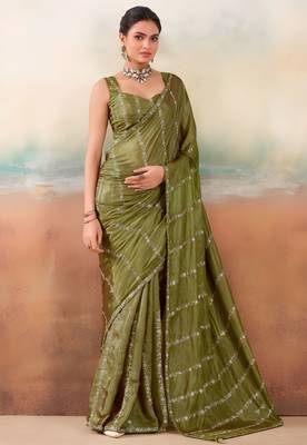 Mehndi color smart floral embroidered chiffon fabric graceful rich looks saree 1