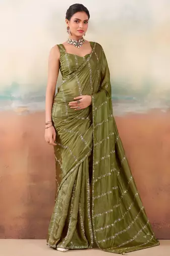 Mehndi color smart floral embroidered chiffon fabric graceful rich looks saree