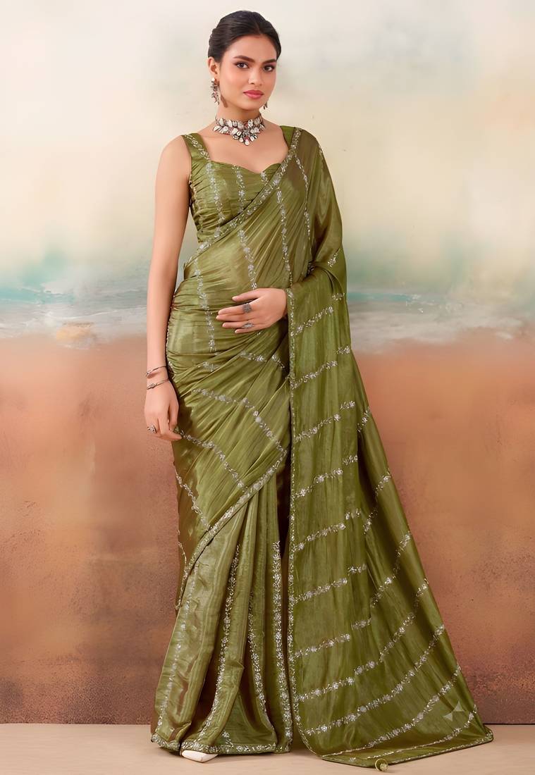 Mehndi color smart floral embroidered chiffon fabric graceful rich looks saree