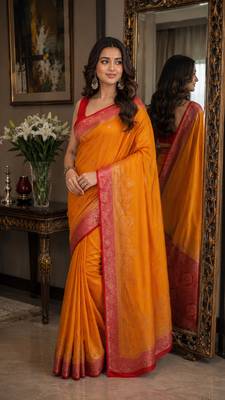 Orange soft silk blend banarasi jacuard work festive saree with unstitched blouse piece 4