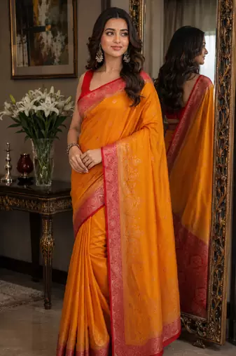 Orange soft silk blend banarasi jacuard work festive saree with unstitched blouse piece