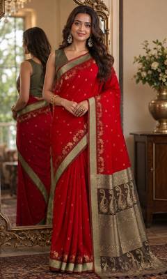 Red soft silk blend banarasi jacuard work festive saree with unstitched blouse piece 1