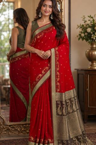 Red soft silk blend banarasi jacuard work festive saree with unstitched blouse piece