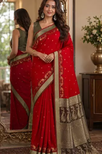 Red soft silk blend banarasi jacuard work festive saree with unstitched blouse piece