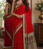 Red soft silk blend banarasi jacuard work festive saree with unstitched blouse piece