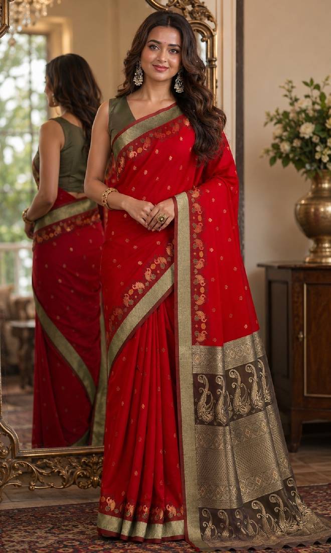 Red soft silk blend banarasi jacuard work festive saree with unstitched blouse piece