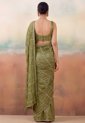 Mehndi color smart floral embroidered chiffon fabric graceful rich looks saree 2