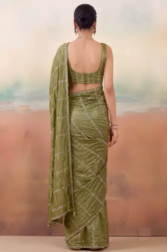 Mehndi color smart floral embroidered chiffon fabric graceful rich looks saree