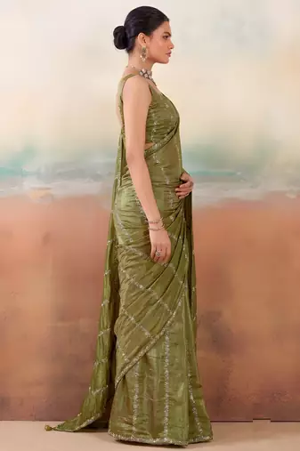 Mehndi color smart floral embroidered chiffon fabric graceful rich looks saree