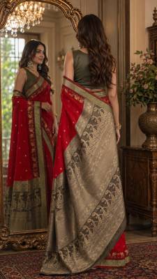 Red soft silk blend banarasi jacuard work festive saree with unstitched blouse piece 3