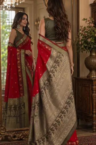 Red soft silk blend banarasi jacuard work festive saree with unstitched blouse piece