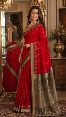 Red soft silk blend banarasi jacuard work festive saree with unstitched blouse piece 4