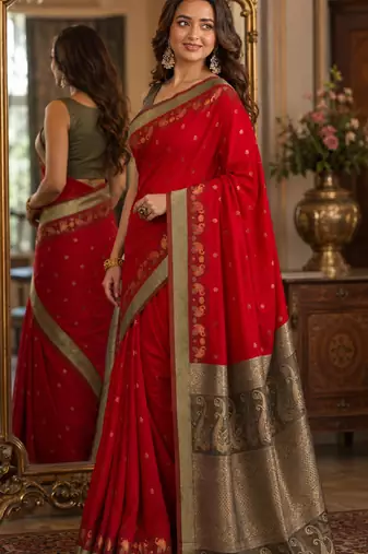Red soft silk blend banarasi jacuard work festive saree with unstitched blouse piece