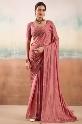 Peach color smart floral embroidered chiffon fabric graceful rich looks saree