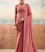 Peach color smart floral embroidered chiffon fabric graceful rich looks saree