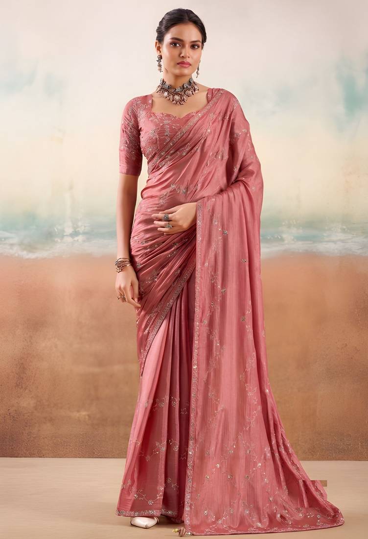 Peach color smart floral embroidered chiffon fabric graceful rich looks saree