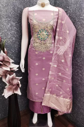  embroidered shimmer unstitched dress material with mirror work yoke