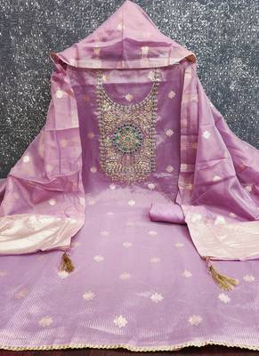  embroidered shimmer unstitched dress material with mirror work yoke 3