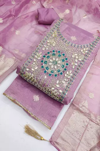  embroidered shimmer unstitched dress material with mirror work yoke