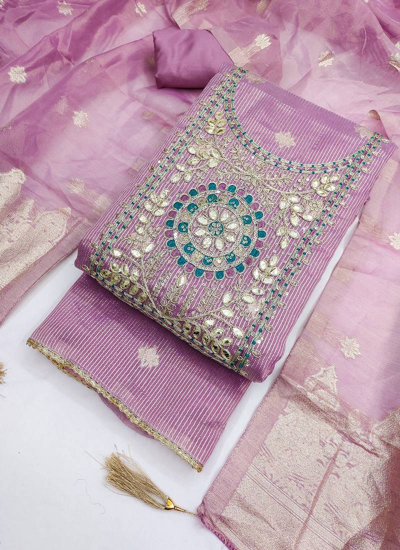  embroidered shimmer unstitched dress material with mirror work yoke
