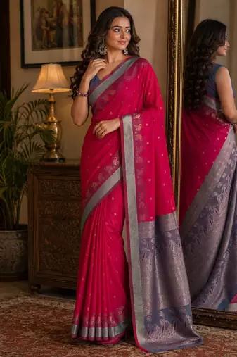 Pink soft silk blend banarasi jacuard work festive saree with unstitched blouse piece