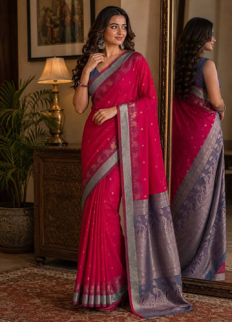 Pink soft silk blend banarasi jacuard work festive saree with unstitched blouse piece