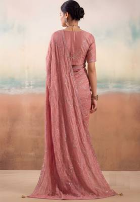 Peach color smart floral embroidered chiffon fabric graceful rich looks saree 2