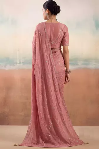 Peach color smart floral embroidered chiffon fabric graceful rich looks saree