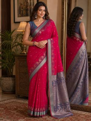 Pink soft silk blend banarasi jacuard work festive saree with unstitched blouse piece 2