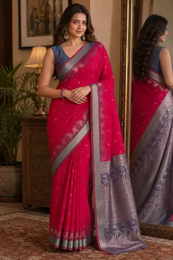 Pink soft silk blend banarasi jacuard work festive saree with unstitched blouse piece