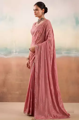Peach color smart floral embroidered chiffon fabric graceful rich looks saree