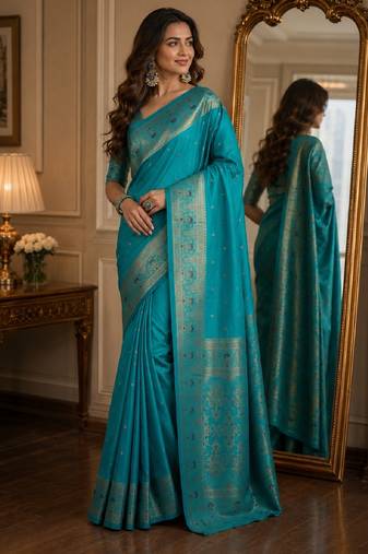 Rama soft silk blend banarasi jacuard work festive saree with unstitched blouse piece