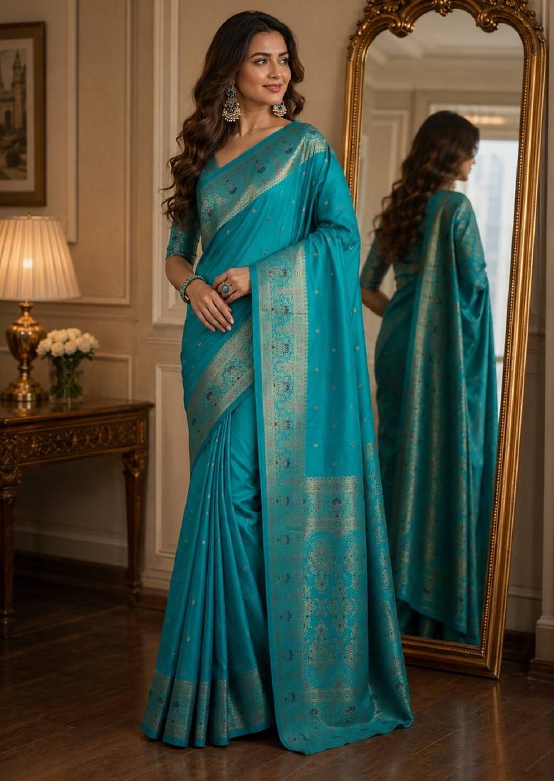 Rama soft silk blend banarasi jacuard work festive saree with unstitched blouse piece