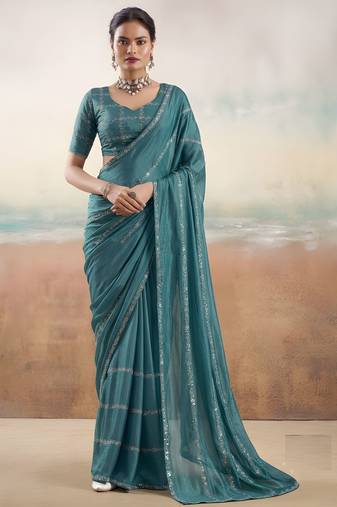Rama color smart floral embroidered chiffon fabric graceful rich looks saree