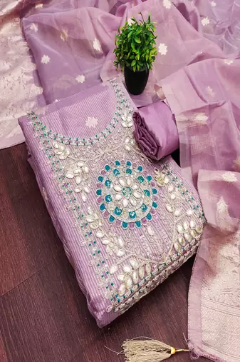  embroidered shimmer unstitched dress material with mirror work yoke