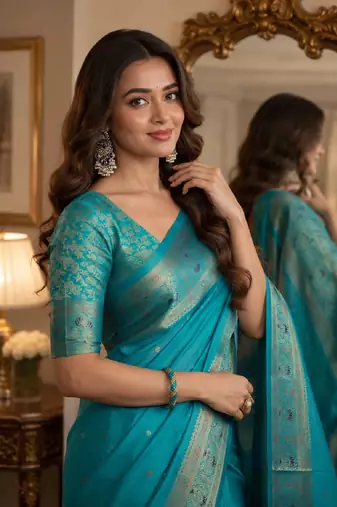 Rama soft silk blend banarasi jacuard work festive saree with unstitched blouse piece