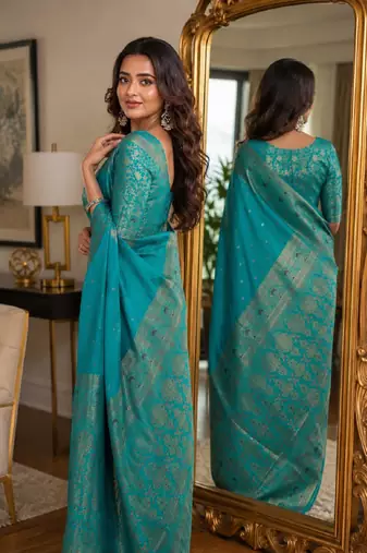 Rama soft silk blend banarasi jacuard work festive saree with unstitched blouse piece