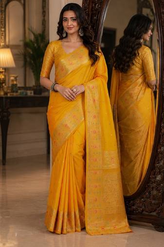 Yelllow soft silk blend banarasi jacuard work festive saree with unstitched blouse piece