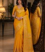 Yelllow soft silk blend banarasi jacuard work festive saree with unstitched blouse piece